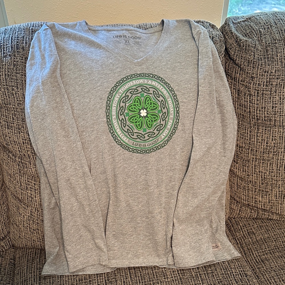 Life Is Good Heather Gray Shirt with Green Celtic Motif